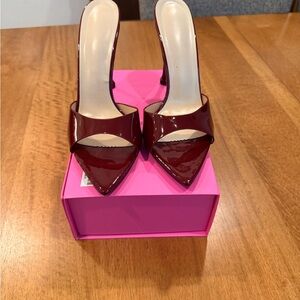 Pointed Toe Patent Slide Mule in Deep Burgundy